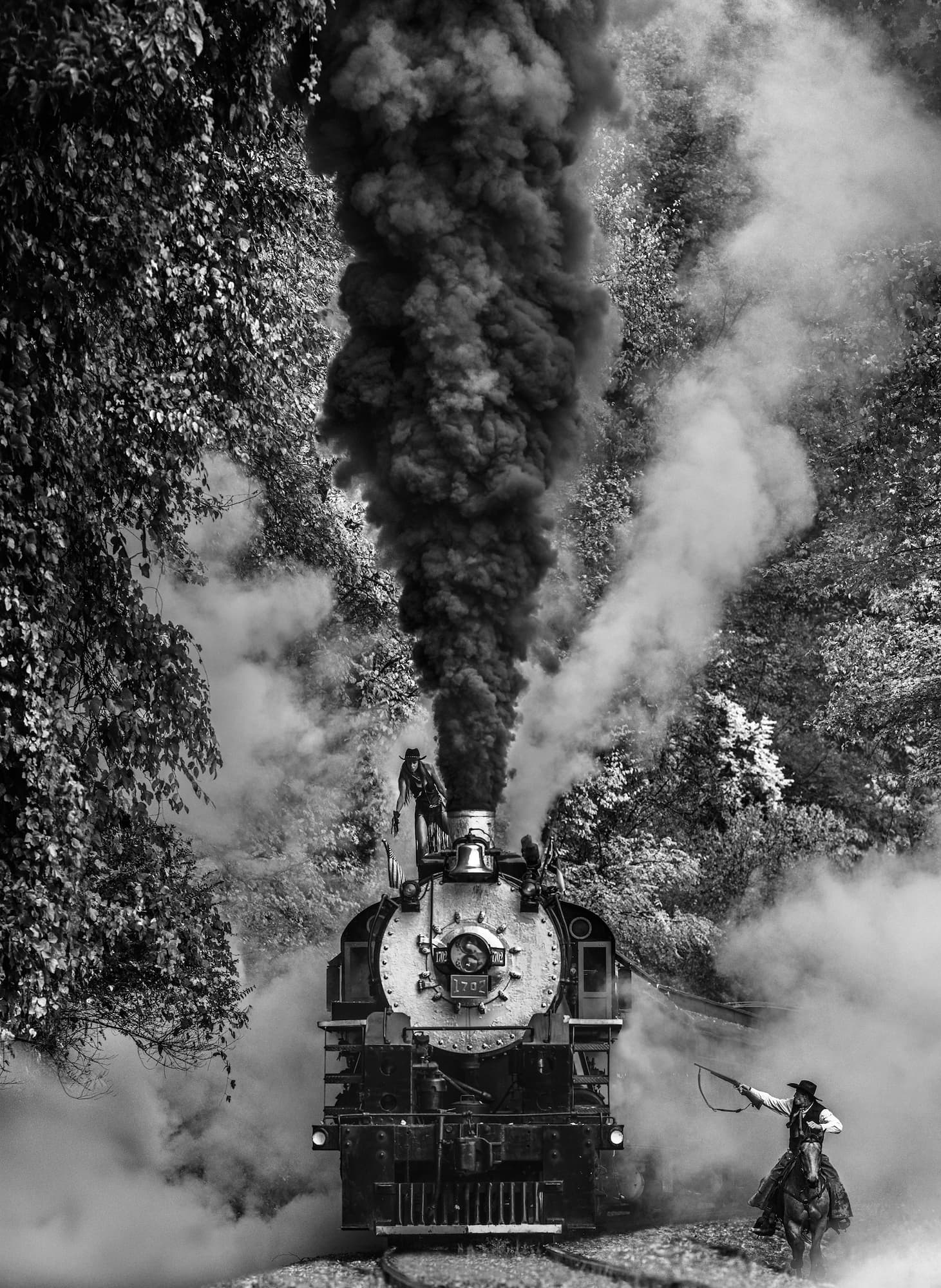 "The Fall" by David Yarrow, Bryson City, North Carolina, 2025. Black and white photograph.