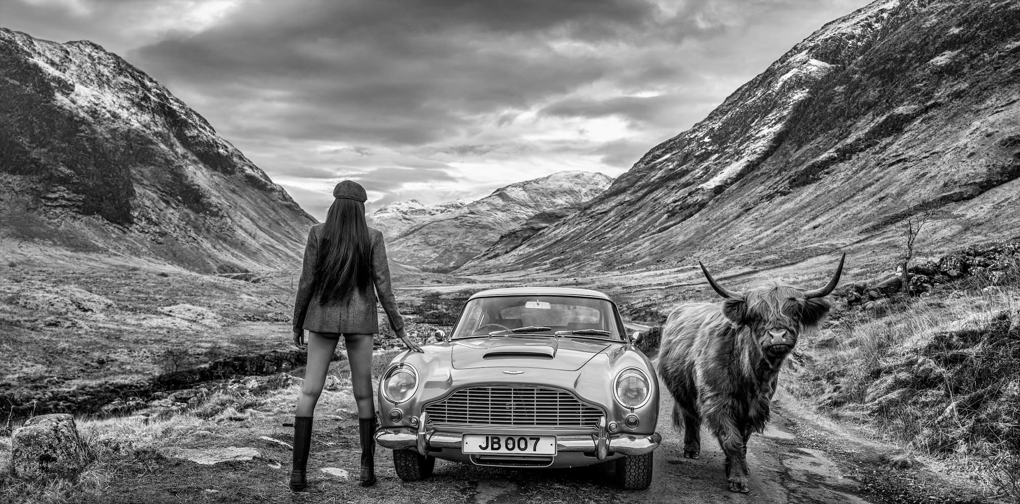 "The Home of Bond" by David Yarrow, Glencoe, Scotland, 2025. Black and white photograph.