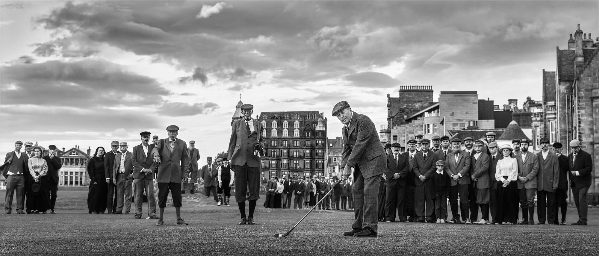 "The Home of Golf II" by David Yarrow, St. Andrews, Scotland, 2022. Black and white photograph.