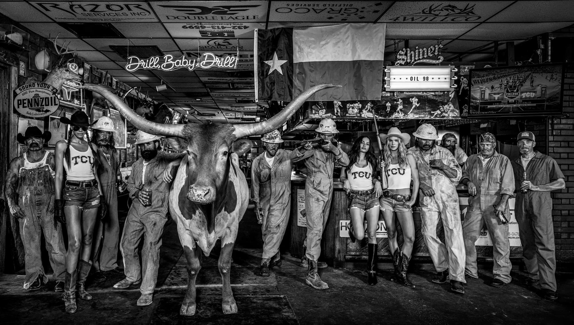 "The Horned Frogs" by David Yarrow, Midland, Texas, 2026. Black and white photograph.