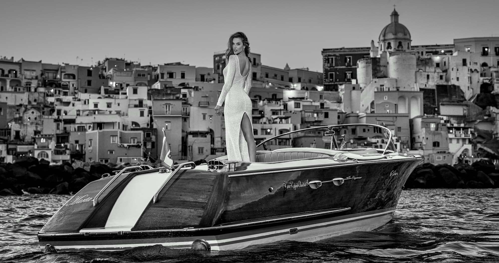 "The Italian Job" by David Yarrow, Procida, Italy, 2025. Black and white photograph.