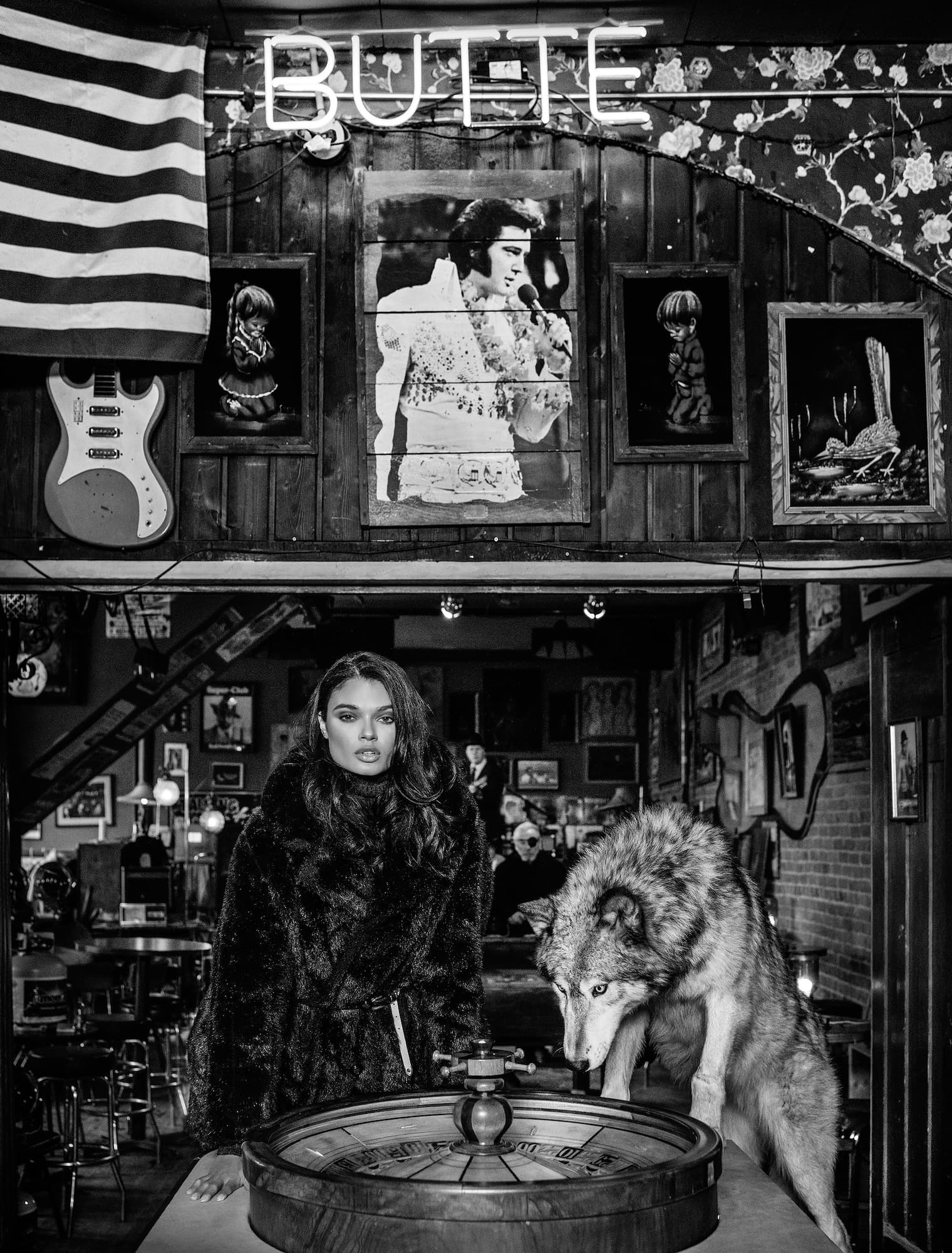 "The King and Us" by David Yarrow, Butte, Montana, 2020. Black and white photograph.