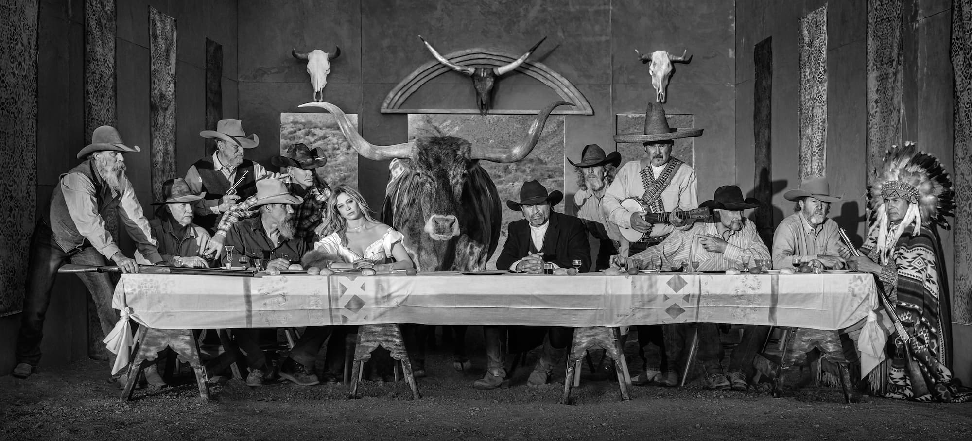 "The Last Supper in Texas" by David Yarrow, West Texas, Texas, 2021. Black and white photograph.