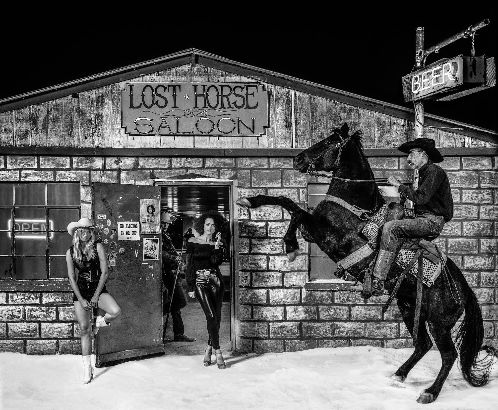 "The Lost Horse Saloon" by David Yarrow, Marfa, Texas, 2020. Black and white photograph.