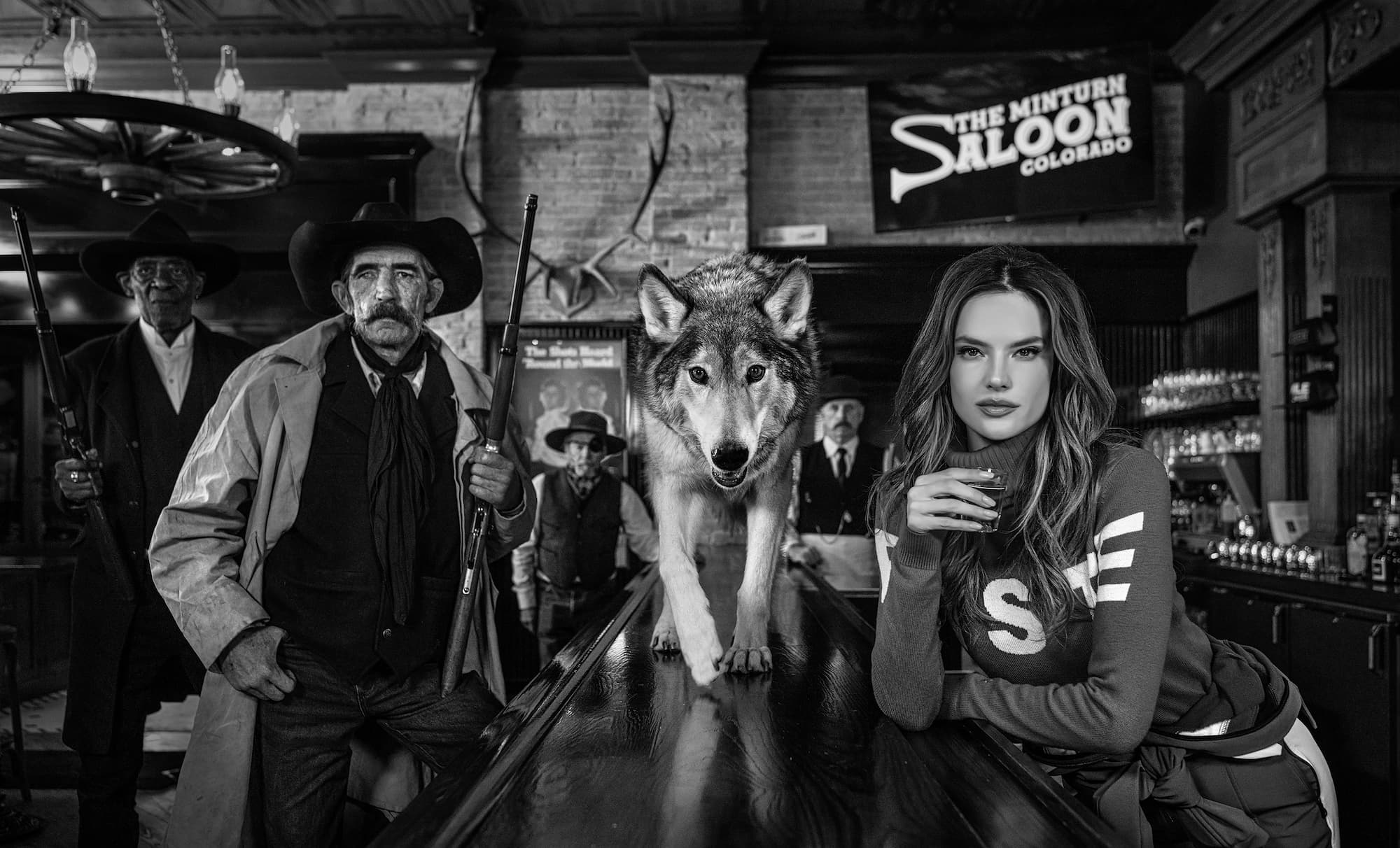"The Minturn Saloon" by David Yarrow, Minturn, Colorado, 2024. Black and white photograph.