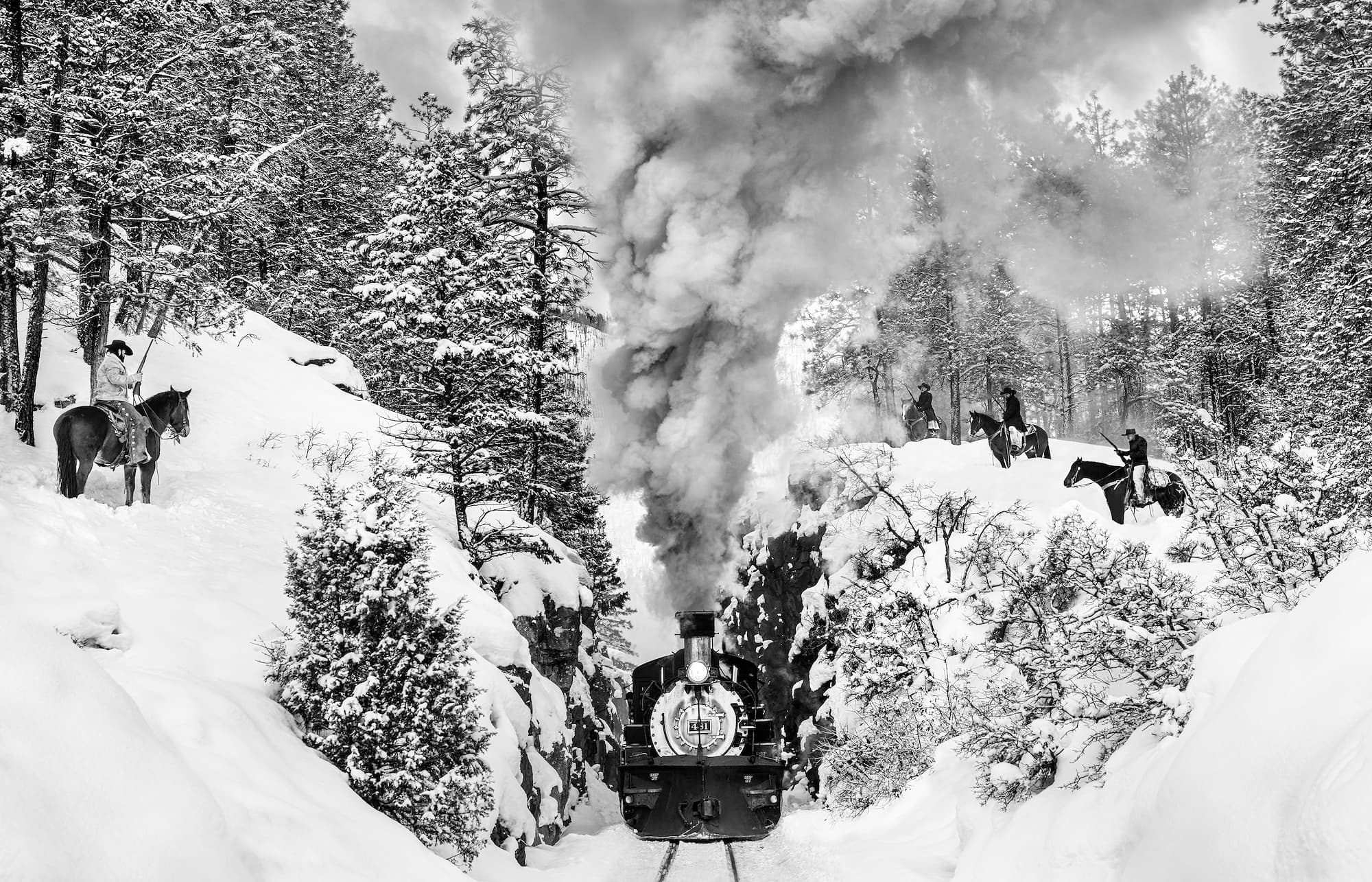 "The Outlaws" by David Yarrow, Durango, Colorado, 2024. Black and white photograph.