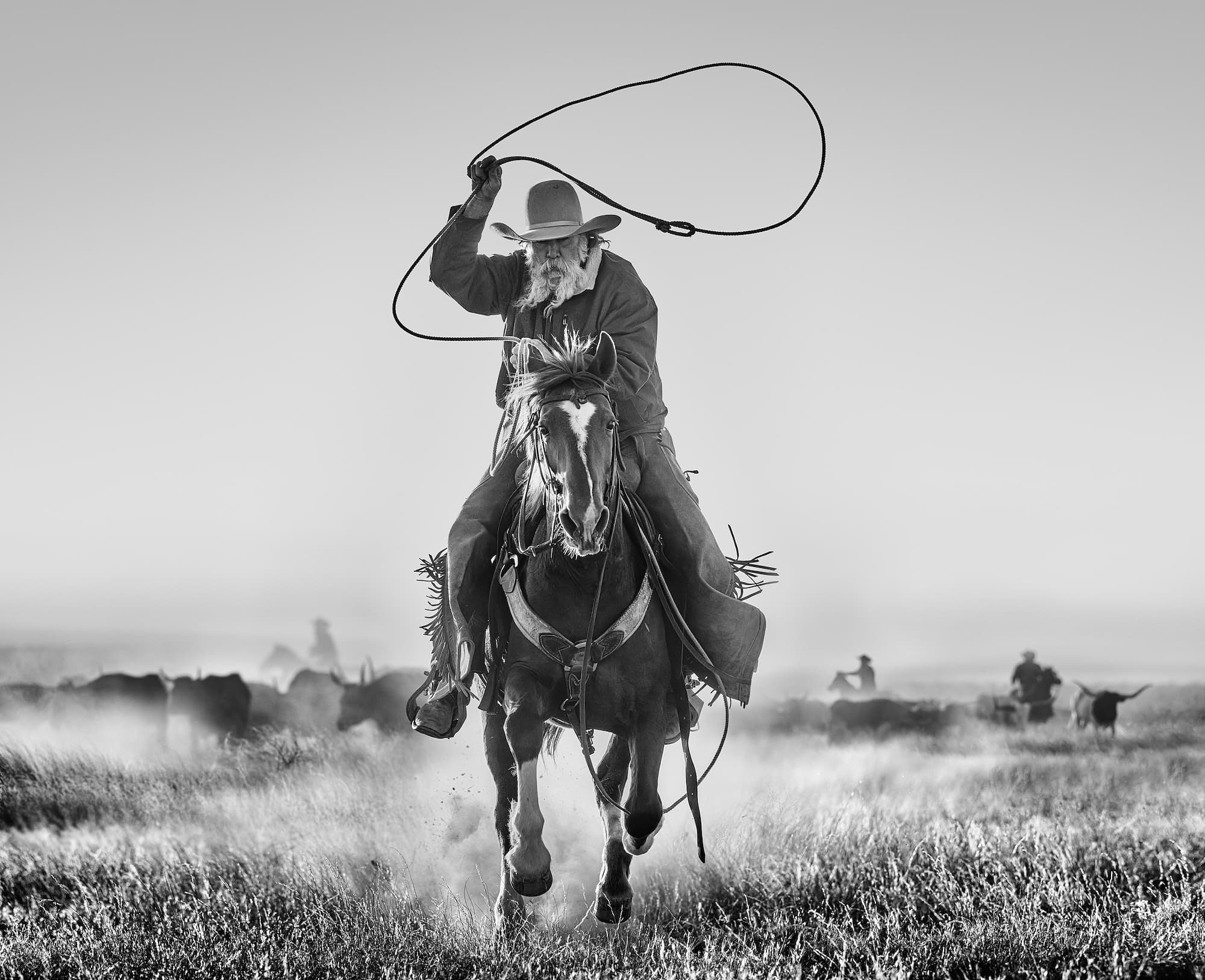 "The Rancher" by David Yarrow, West Texas, Texas, 2023. Black and white photograph.