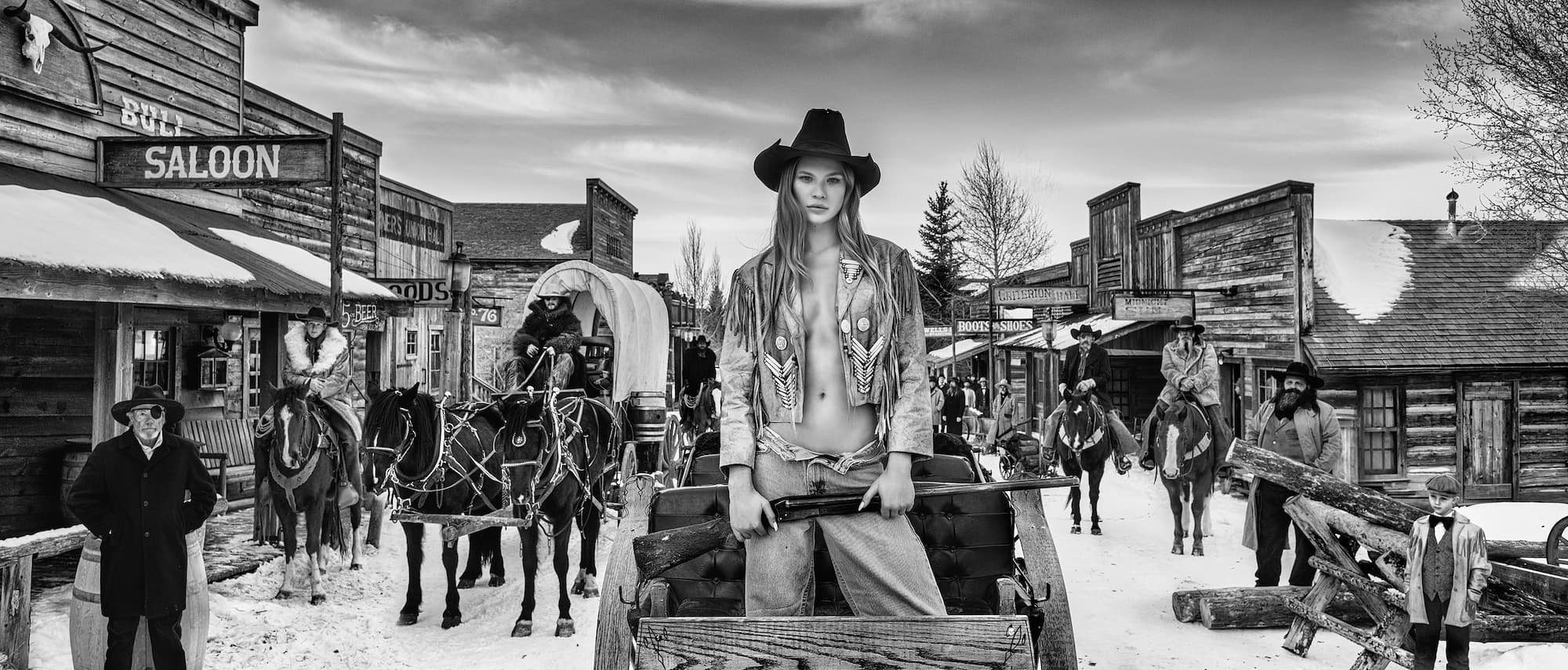 "The Sheriff's Daughter" by David Yarrow, Crazy Mountain Ranch, Montana, 2022. Black and white photograph.