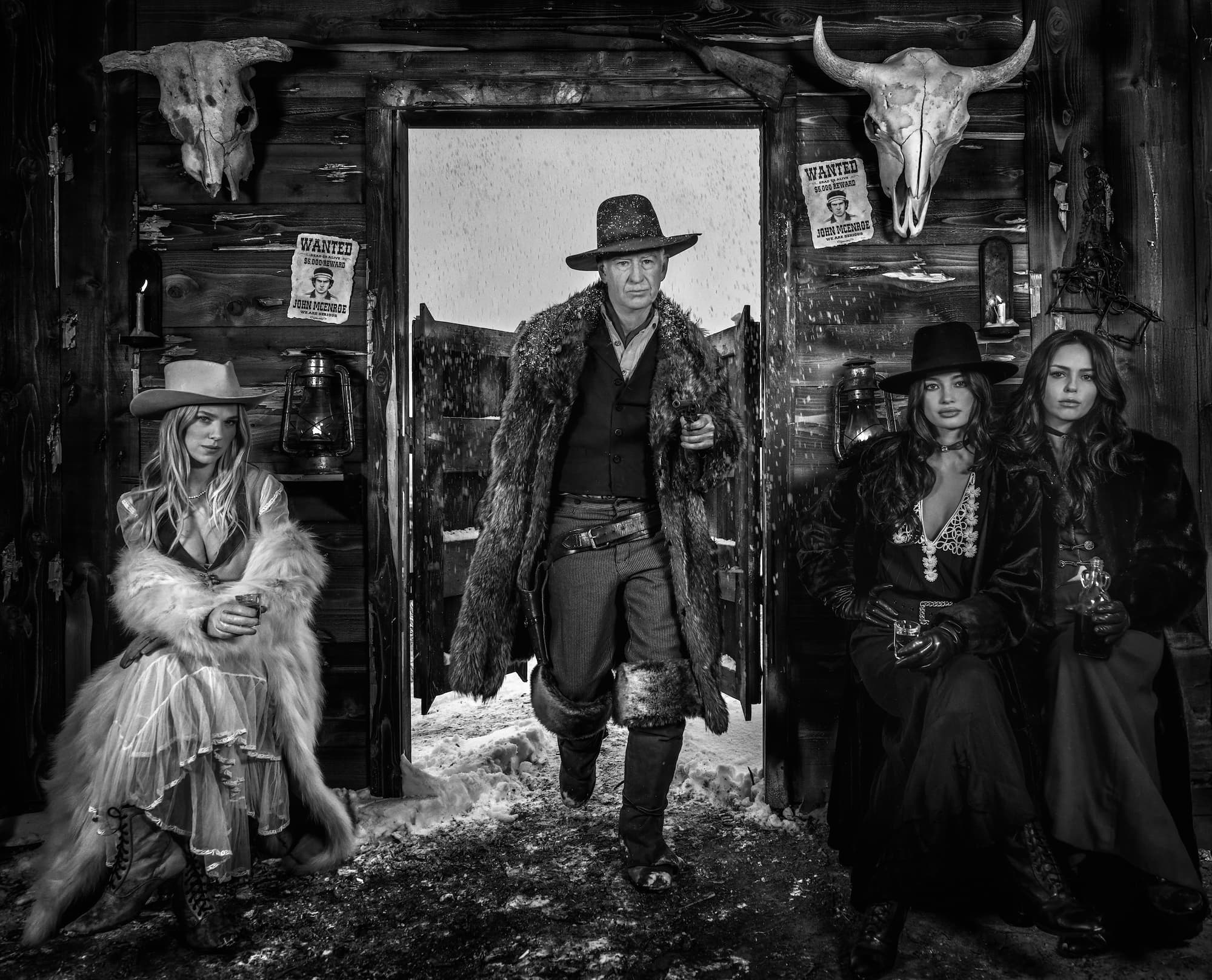 "The Wanted" by David Yarrow, Jackson Hole, Wyoming, 2025. Black and white photograph.