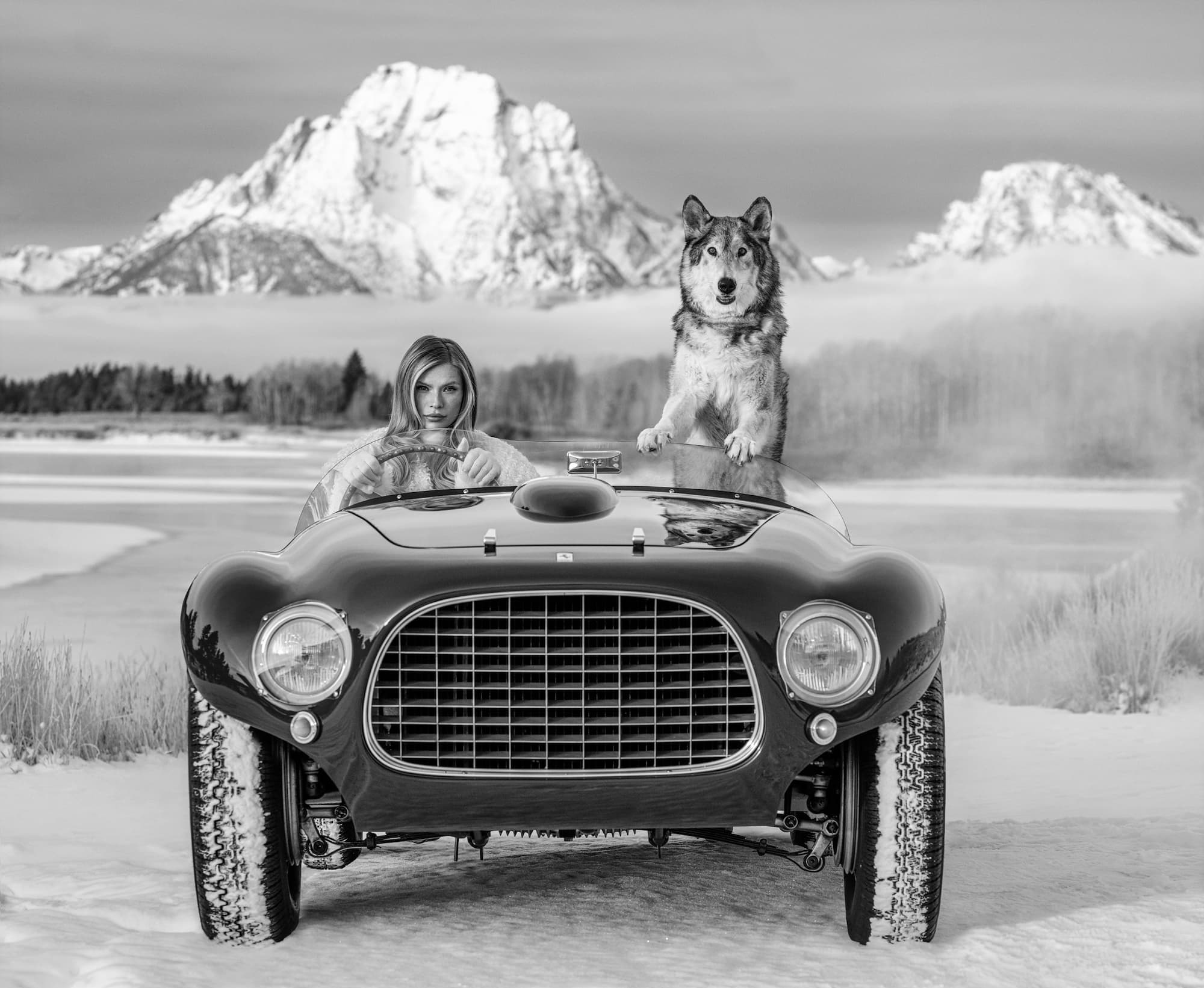 "The White Lady" by David Yarrow, Jackson Hole, Wyoming, 2025. Black and white photograph.