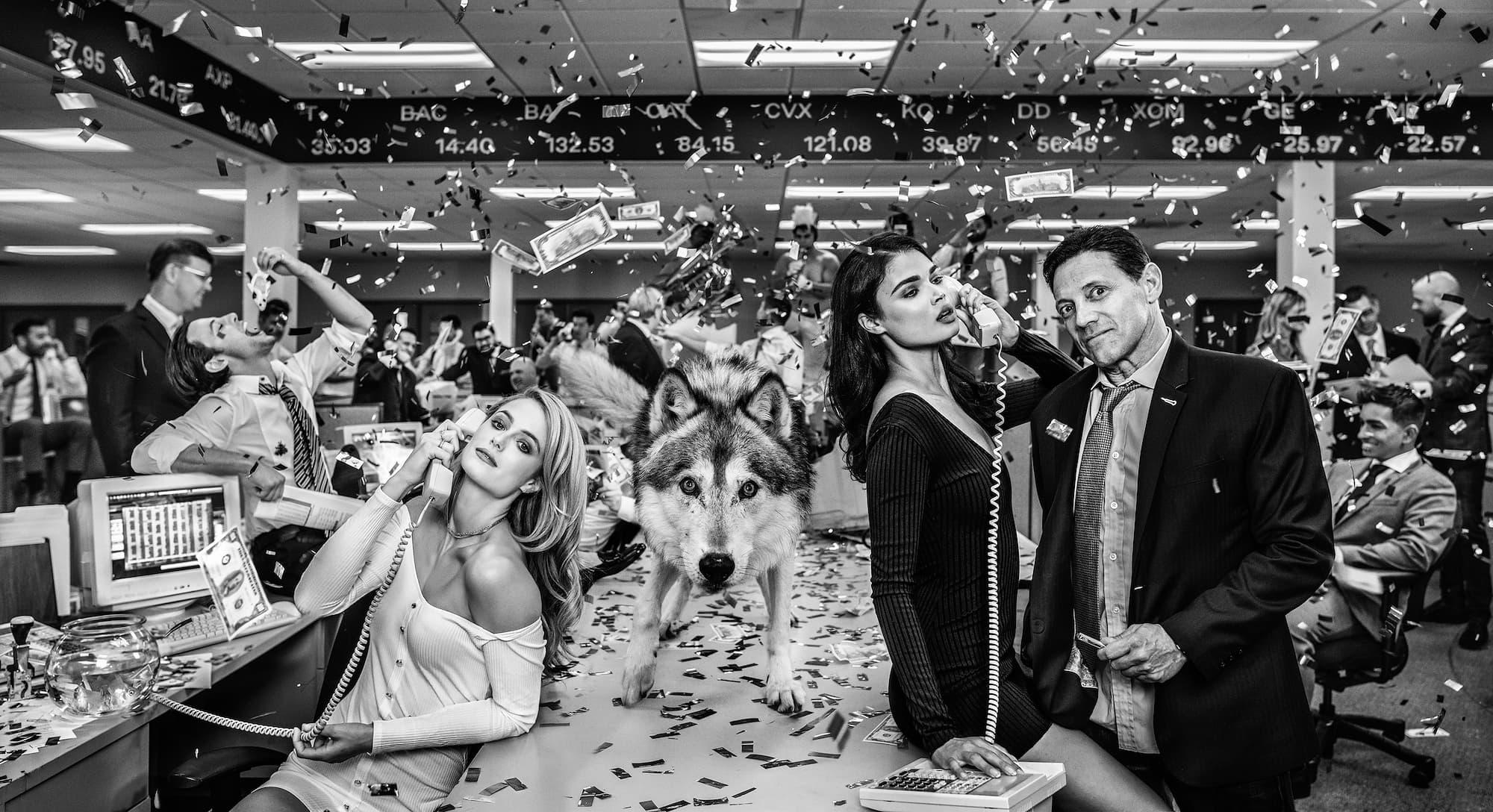 "The Wolves of Wall Street" by David Yarrow, Los Angeles, California, 2019. Black and white photograph.