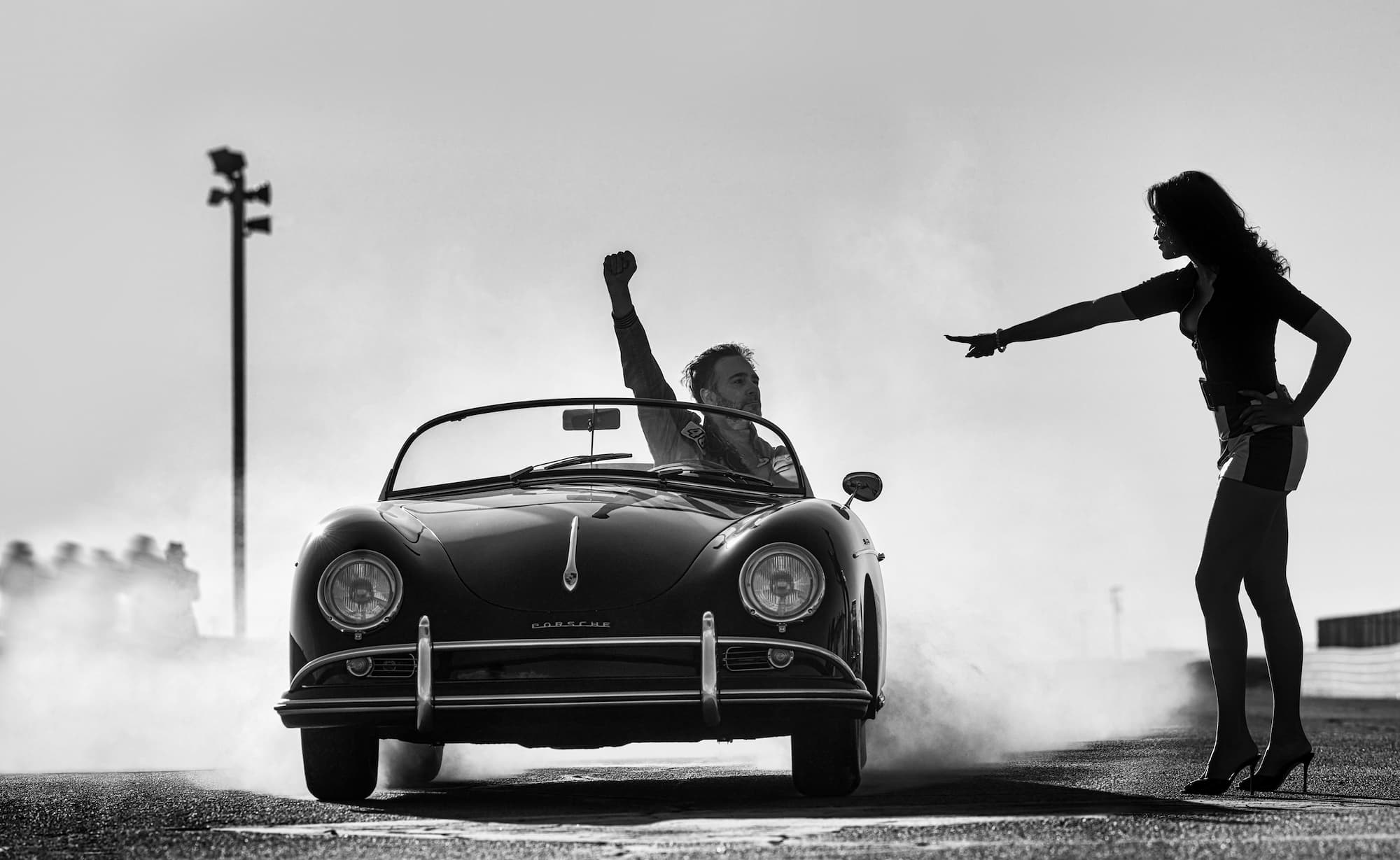 "Top Gear" by David Yarrow, Willow Springs, California, 2025. Black and white photograph.