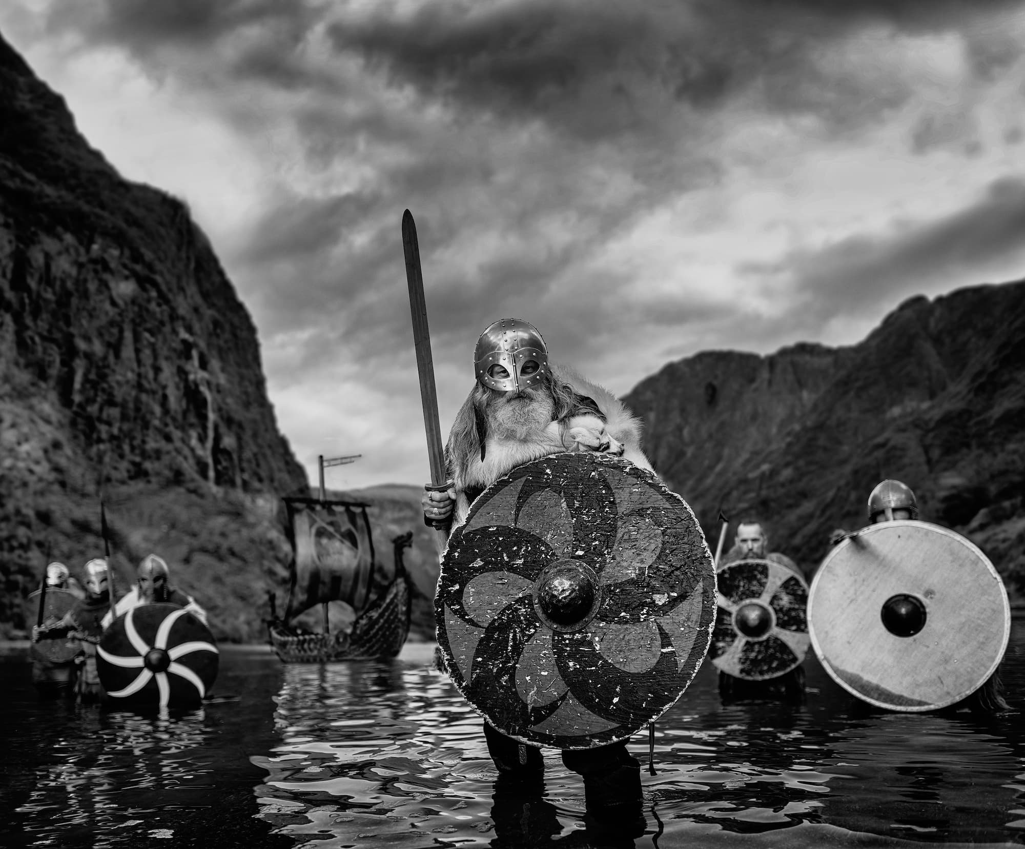 "Vikings" by David Yarrow, Gudvagen, Norway, 2023. Black and white photograph.