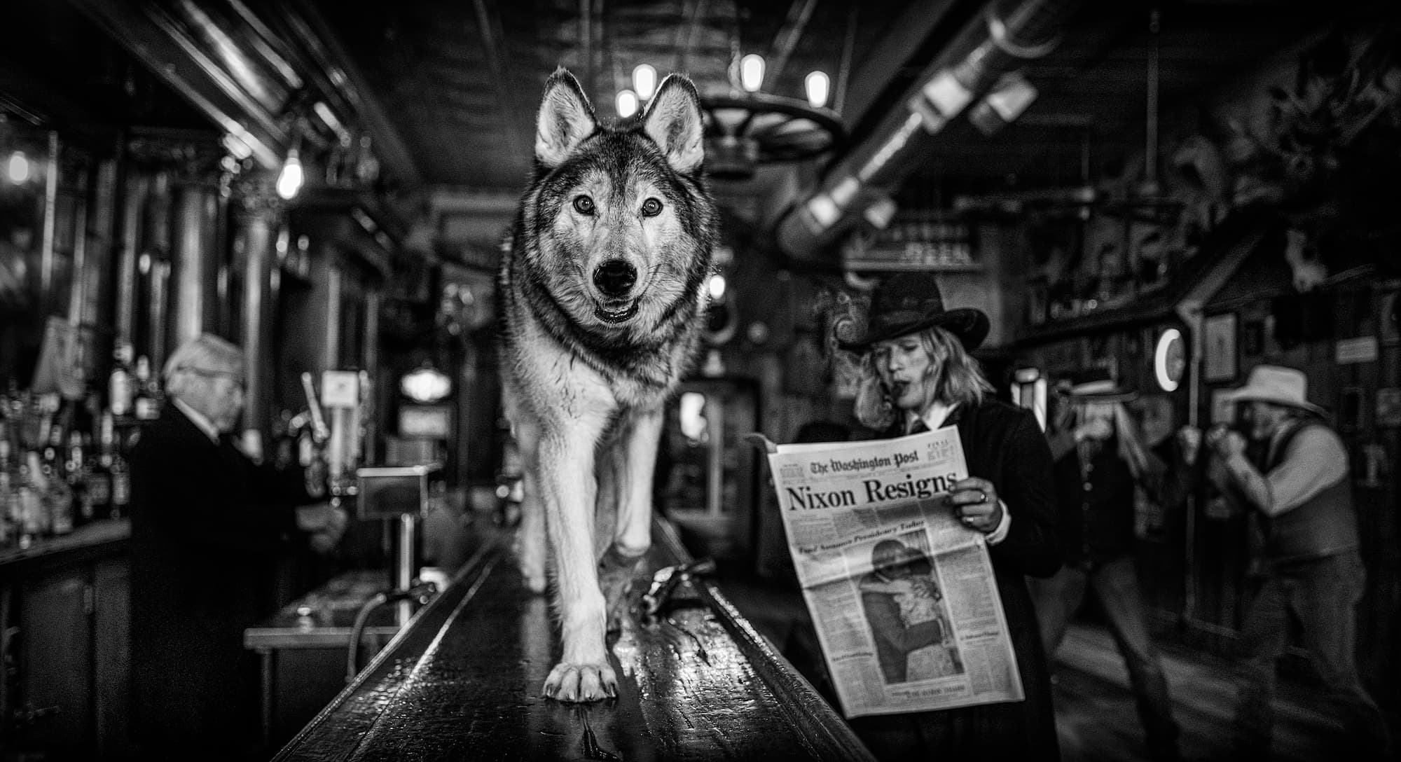 "Watergate" by David Yarrow, Virginia City, Montana, 2023. Black and white photograph.