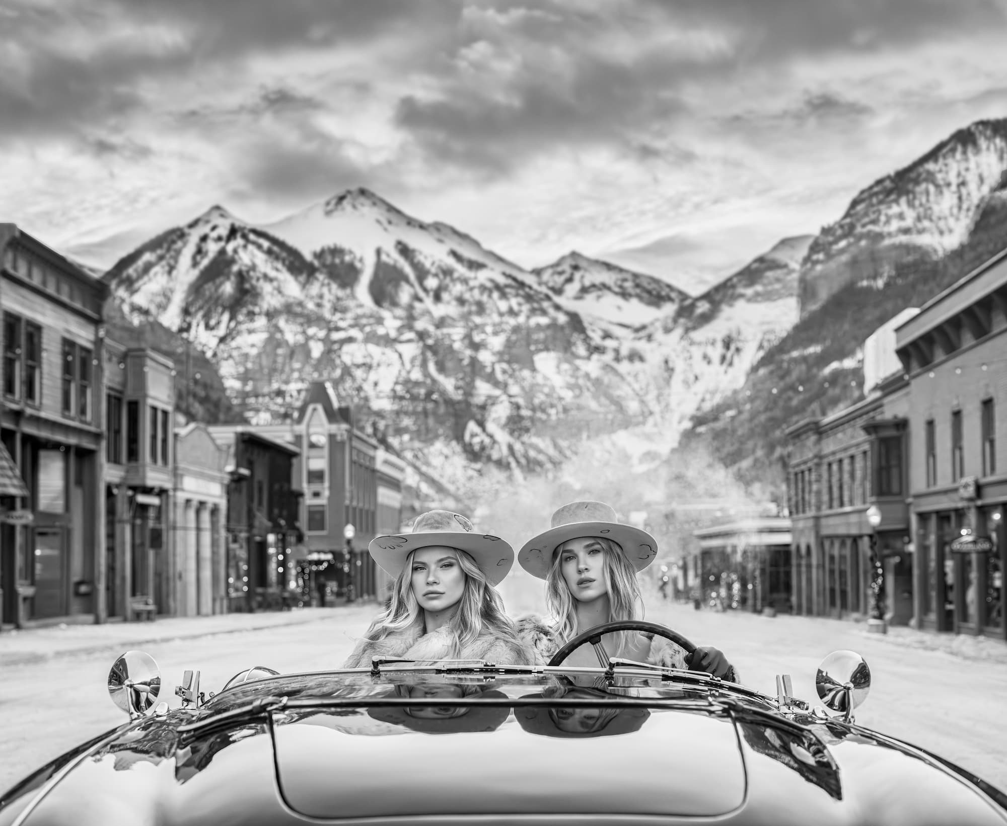 "White Chicks" by David Yarrow, Telluride, Colorado, 2024. Black and white photograph.