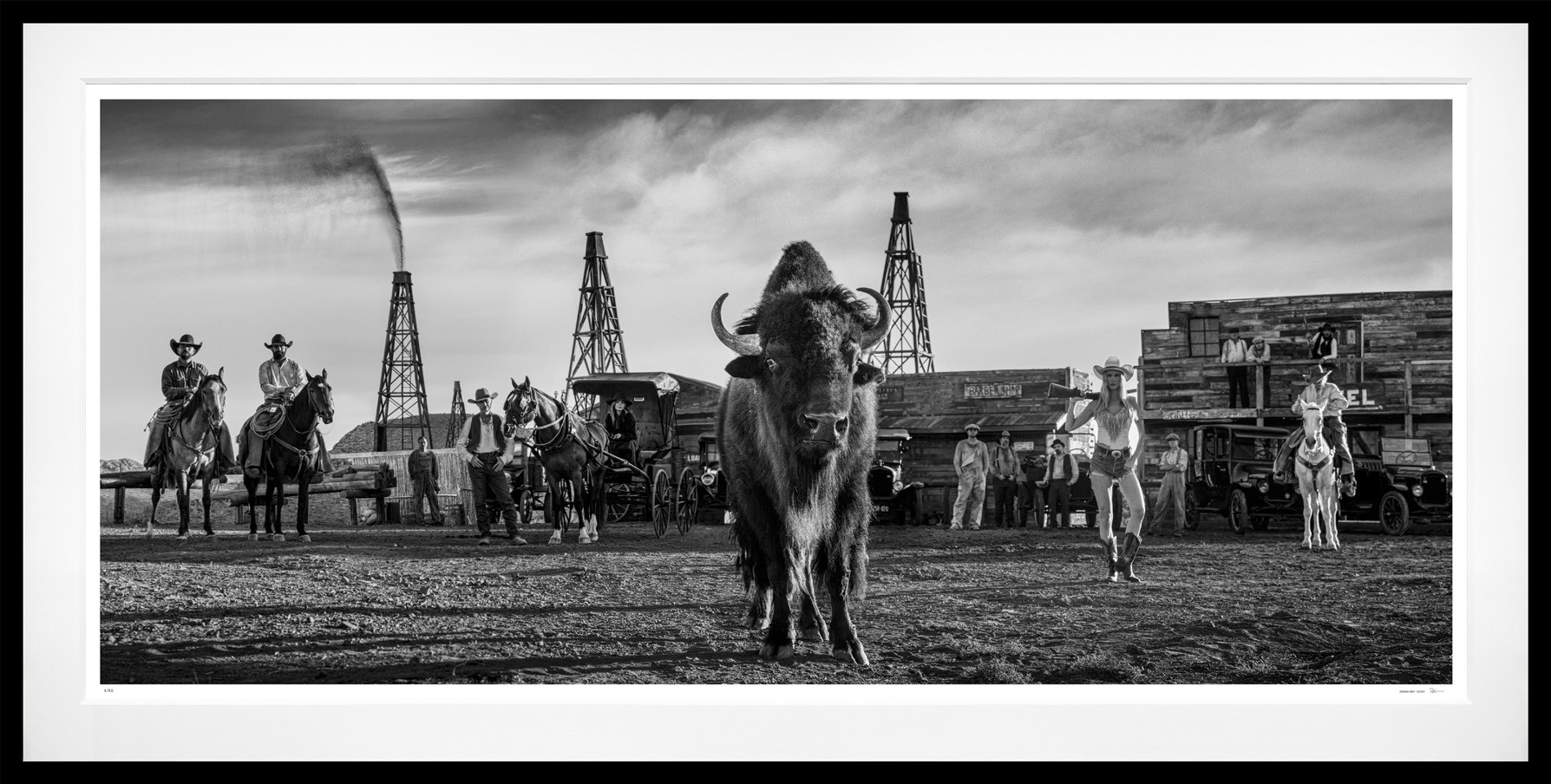 Bison, Oil and Gas (B&W) framed, 60" x 118" (Large)