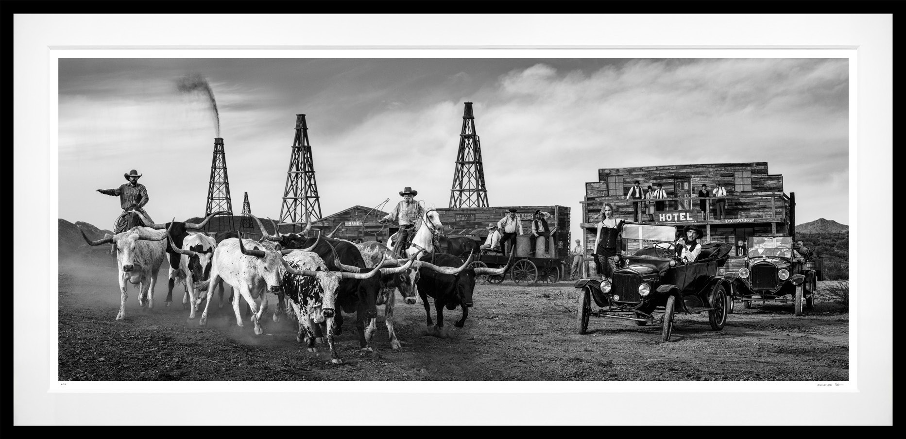 Cattle and Oil (B&W) framed, 57" x 118" (Large)