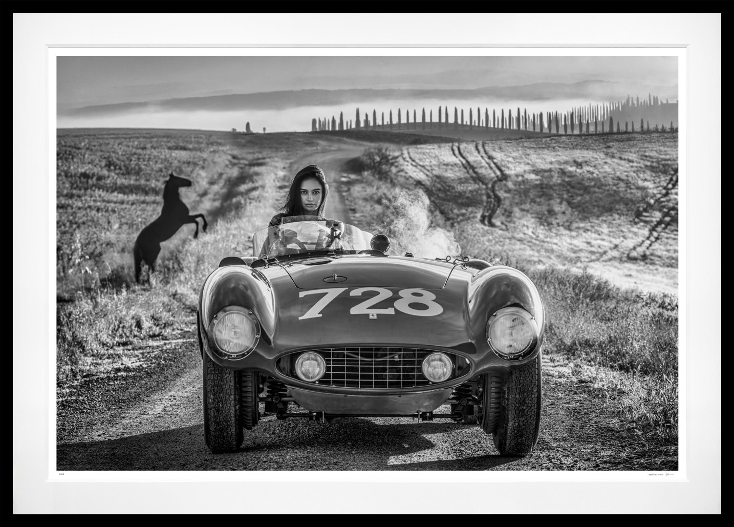 Ferrari 1955 (B&W) framed, 71" x 99" (Large)