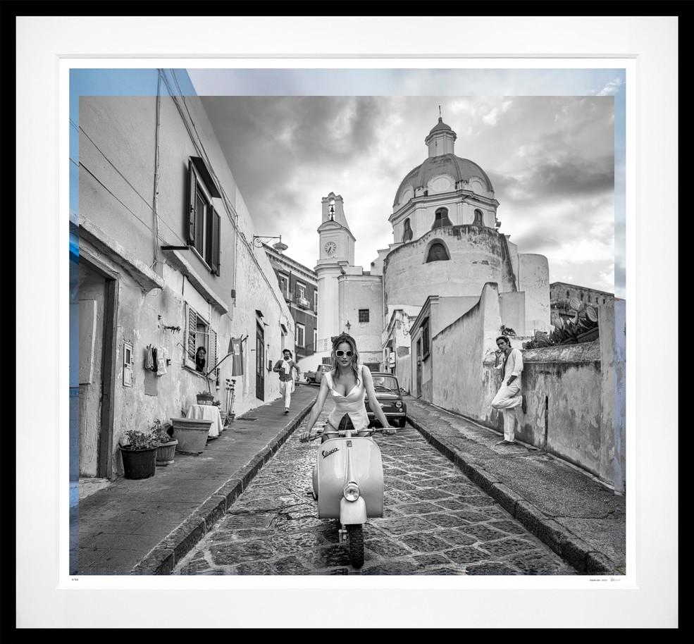 The Girl on the Vespa (B&W) framed, 71" x 77" (Large)