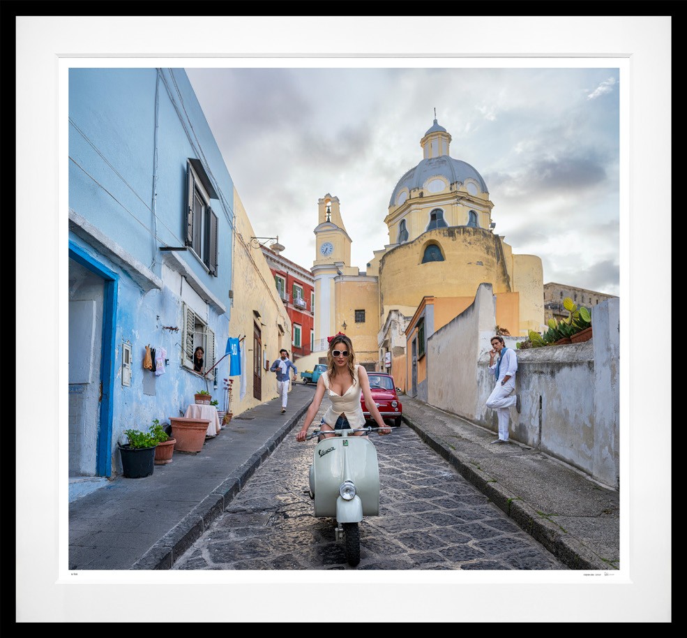 The Girl on the Vespa (Colour) framed, 71" x 77" (Large)