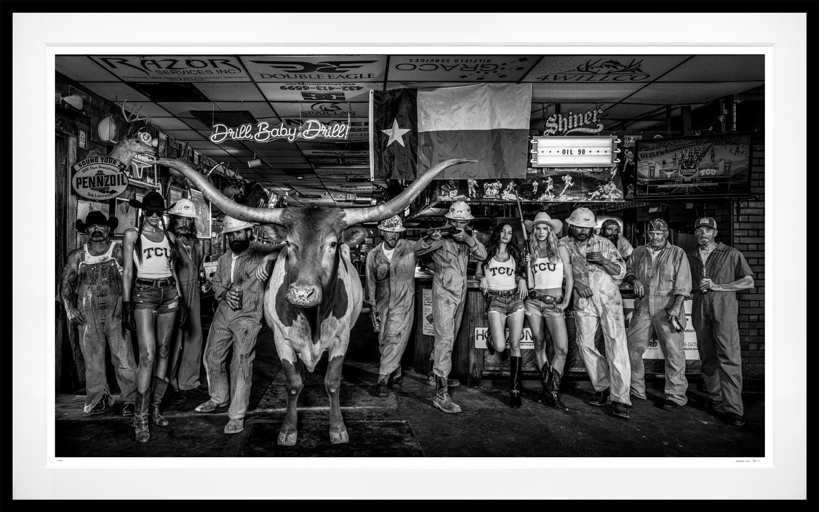 The Horned Frogs (B&W) framed, 71" x 114" (Large)